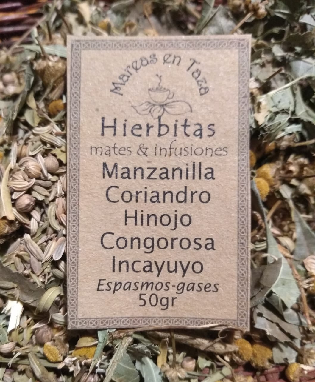 Hierbas:Manzanilla,Coriandro,Hinojo,Congorosa,Incayuyo 50grs "Mareas en taza"